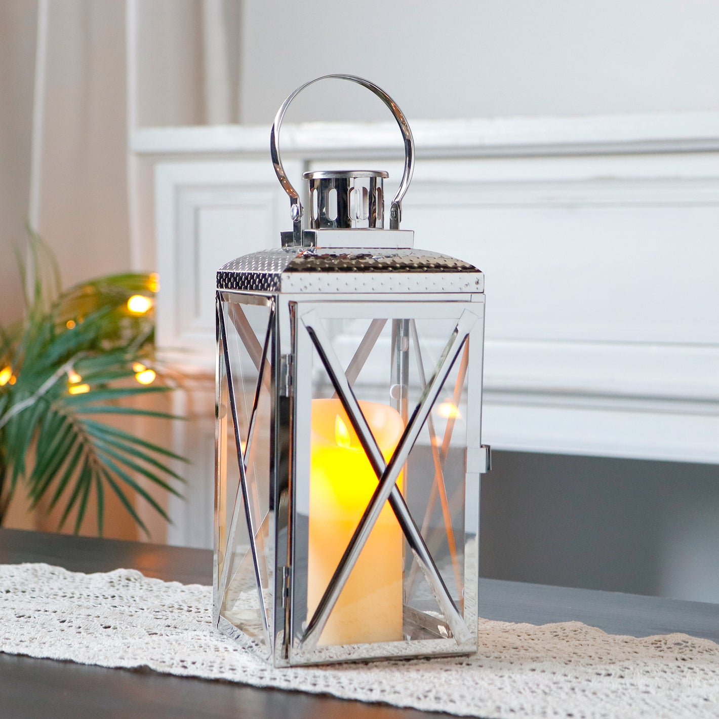 14" Stainless Steel Square Lantern w/Tempered Glass - Indoor/Outdoor Celebration Decor