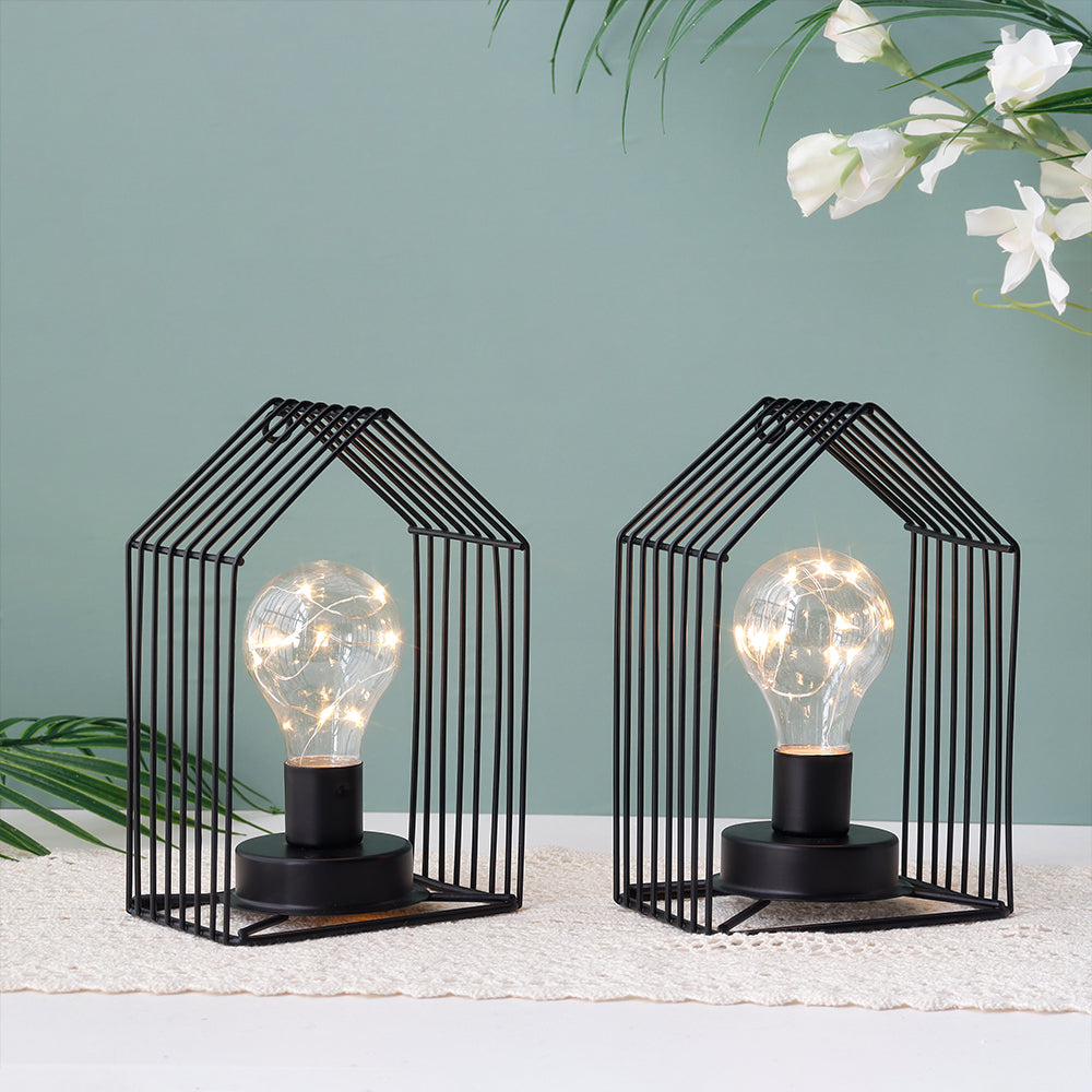 Ensemble de 2 lampes sans fil suspendues à cage vintage de 7 po de hauteur avec minuterie de 6 heures (noir)