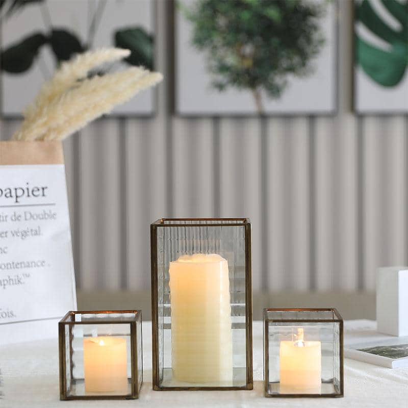 Copper Frame with Texture Glass Hurricane Candleholder ( Set of 3 )