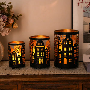 12PCS Village Silhouette Candle Lantern 7.5" H Etched Bronze Metal Candle Holder Decorations for Living Room Tabletop Parties Patio Entryway Indoors Outdoors