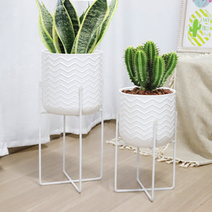 Set of 2 Planters With Stand 17&12 " Tall Flower Pots (Bright White)