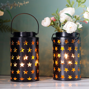 Set of 2 8 ”H  Metal Candle Holders Hanging with Handle(Hollow Stars)