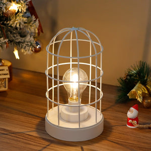 10” High Vintage Metal Cage Table Lamp White