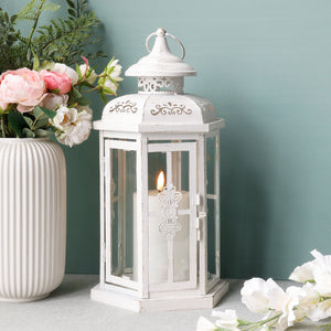 12" H Medium Candle Lantern for Indoor Outdoor(White with Gold Brush)