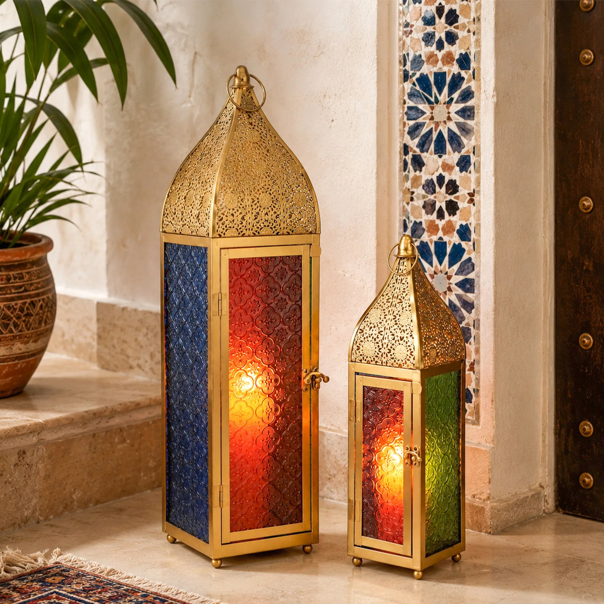 Moroccan Candle Lanterns with Embossed Colored Tempered Glass