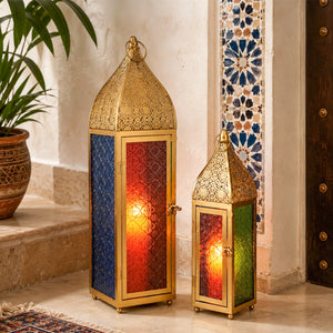 Moroccan Candle Lanterns with Embossed Colored Tempered Glass