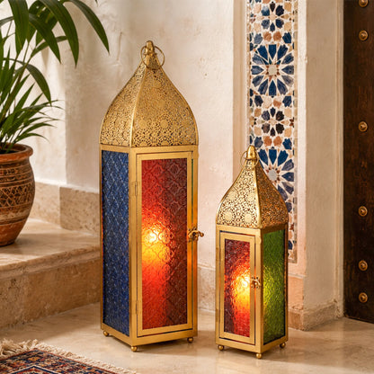 Moroccan Candle Lanterns with Embossed Colored Tempered Glass
