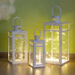 Metal Candle Lantern Set (3pcs, 12/15/19"): Tall Hanging, Tempered Panels, White (Indoor/Outdoor)