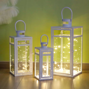 Metal Candle Lantern Set (3pcs, 12/15/19"): Tall Hanging, Tempered Panels, White (Indoor/Outdoor)