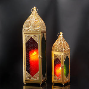 Set of 2 Moroccan Candle Lanterns - 23''&15.5'' H, Hanging, Embossed Colored Tempered Glass, Ramadan Decor for Home, Indoor/Outdoor, Patio & Weddings