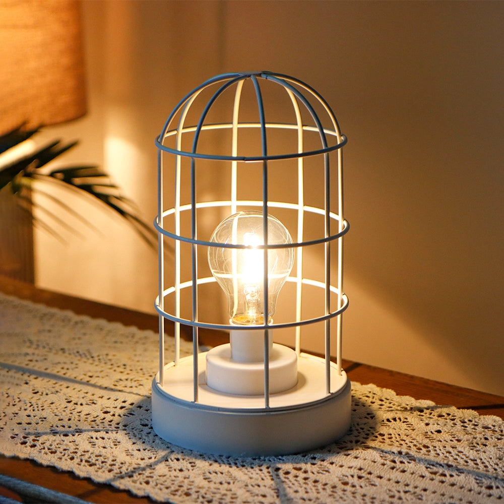 10” High Vintage Metal Cage Table Lamp White