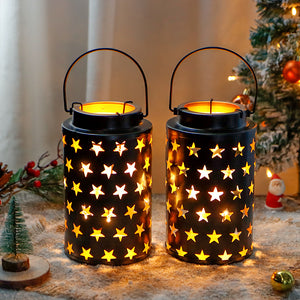 Set of 2 8 ”H  Metal Candle Holders Hanging with Handle(Hollow Stars)