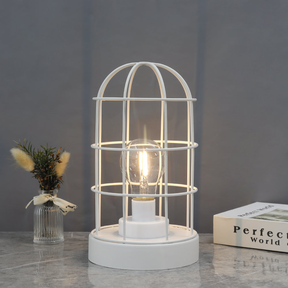 9.5''H Decorative Table Lamp Metal Cage Cordless Lamps with LED Bulb(White)