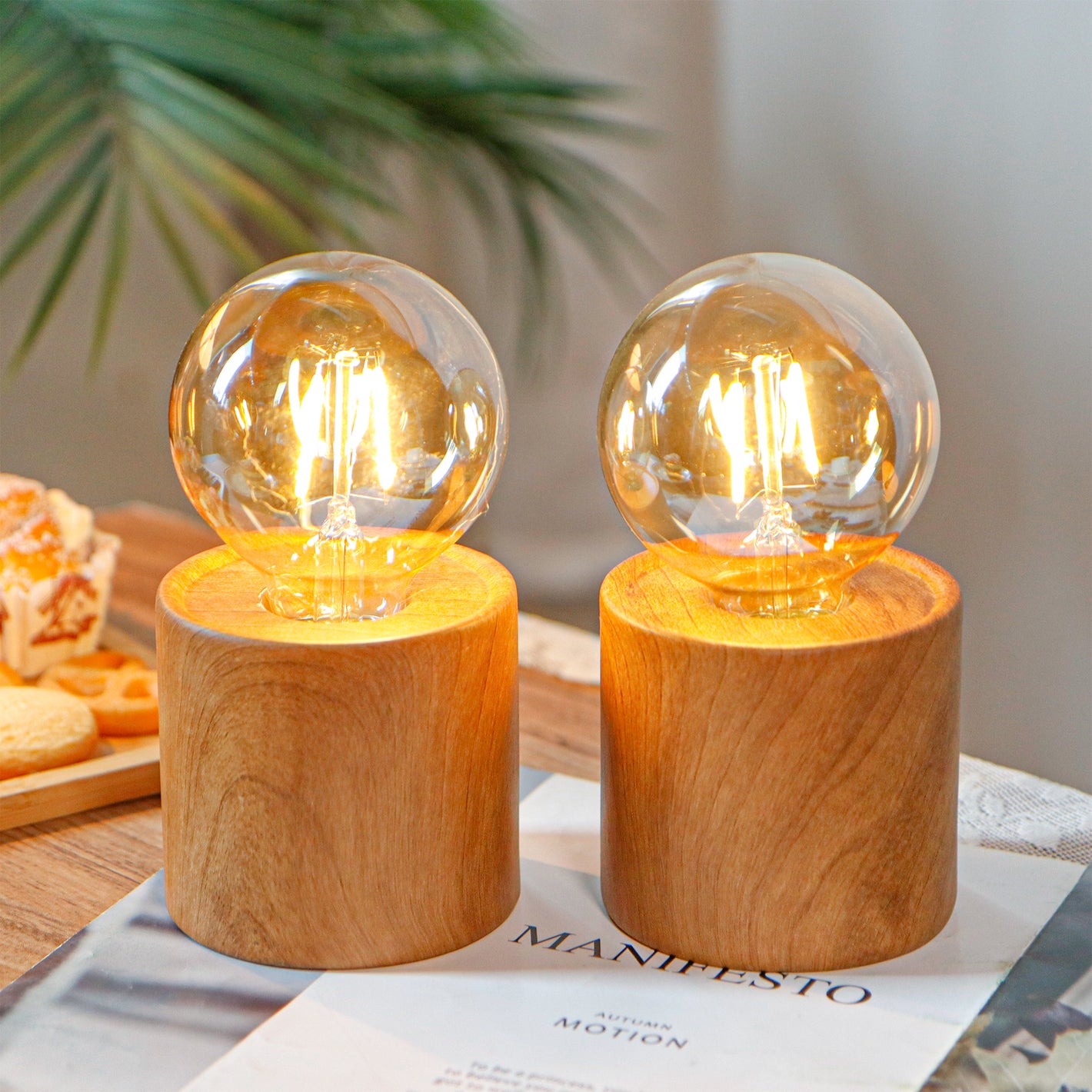 6.5" Tall Ceramic Set of 2 Wood Grain Table Lamp