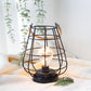 JHY DESIGN 8.5"H Cage Lantern: Decorative Table Lamp, Battery-Powered, Cordless, Warm White Fairy Lights + LED Edison Bulb (Black)