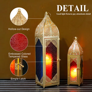 Set of 2 Moroccan Candle Lanterns - 23''&15.5'' H, Hanging, Embossed Colored Tempered Glass, Ramadan Decor for Home, Indoor/Outdoor, Patio & Weddings