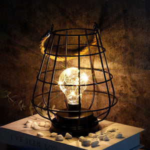 JHY DESIGN 8.5"H Cage Lantern: Decorative Table Lamp, Battery-Powered, Cordless, Warm White Fairy Lights + LED Edison Bulb (Black)