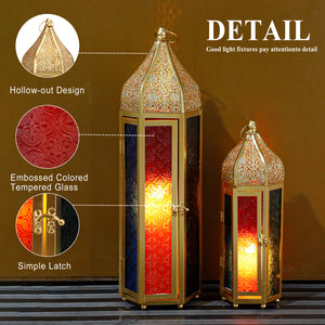 Set of 2 Decorative Ramadan Candle Lanterns - Metal, Tempered Glass, Hanging Tealight, Moroccan Style, Indoor/Outdoor Party Decor