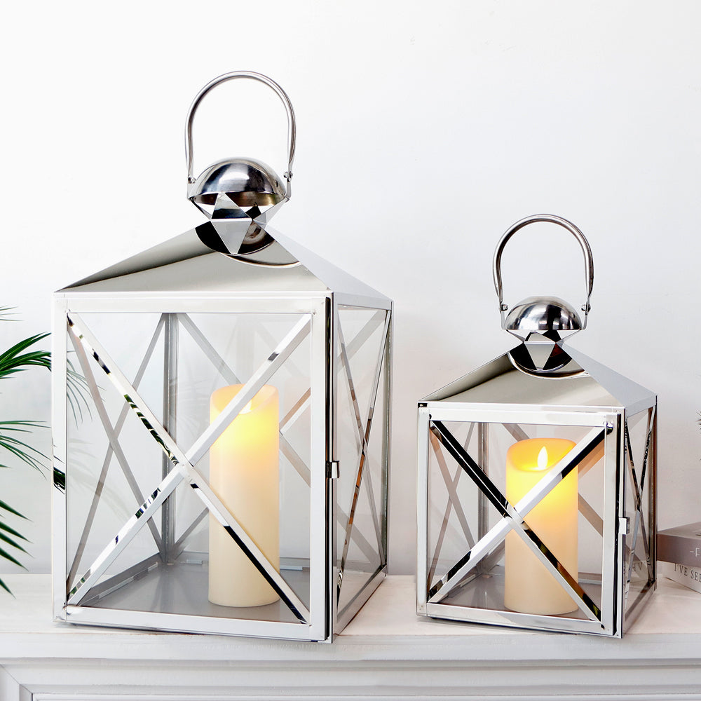 Set of 2 Silver Stainless Steel Candle Lanterns - 13/19'' High