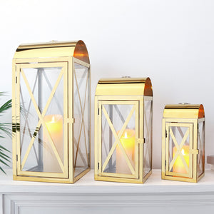 Set of 3 Gold Stainless Steel Candle Lantern 11/15/20.5'' High