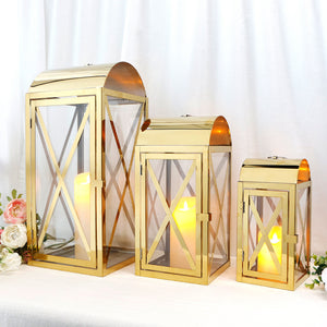 Set of 3 Gold Stainless Steel Candle Lantern 11/15/20.5'' High