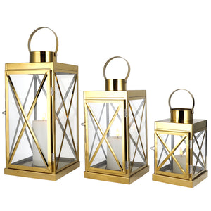 Gold Stainless Steel Lantern Set of 3-Square Elegance 8/12/16In