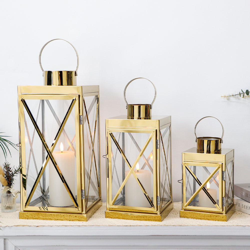 Gold Stainless Steel Lantern Set of 3-Square Elegance 8/12/16In