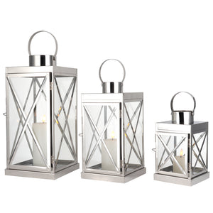 Silver Stainless Steel Lantern Set of 3-Square Elegance 8/12/16In