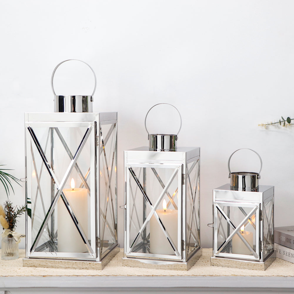 Silver Stainless Steel Lantern Set of 3-Square Elegance 8/12/16In