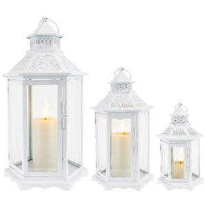 Set of 3 White Hexagonal Decorative Hanging Lantern 18'' High