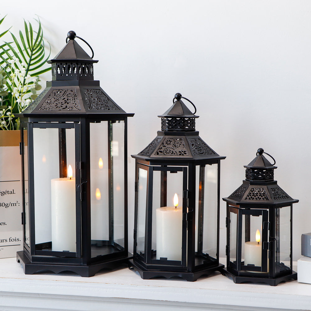 Set of 3 Black Hexagonal Decorative Hanging Lantern 18'' High