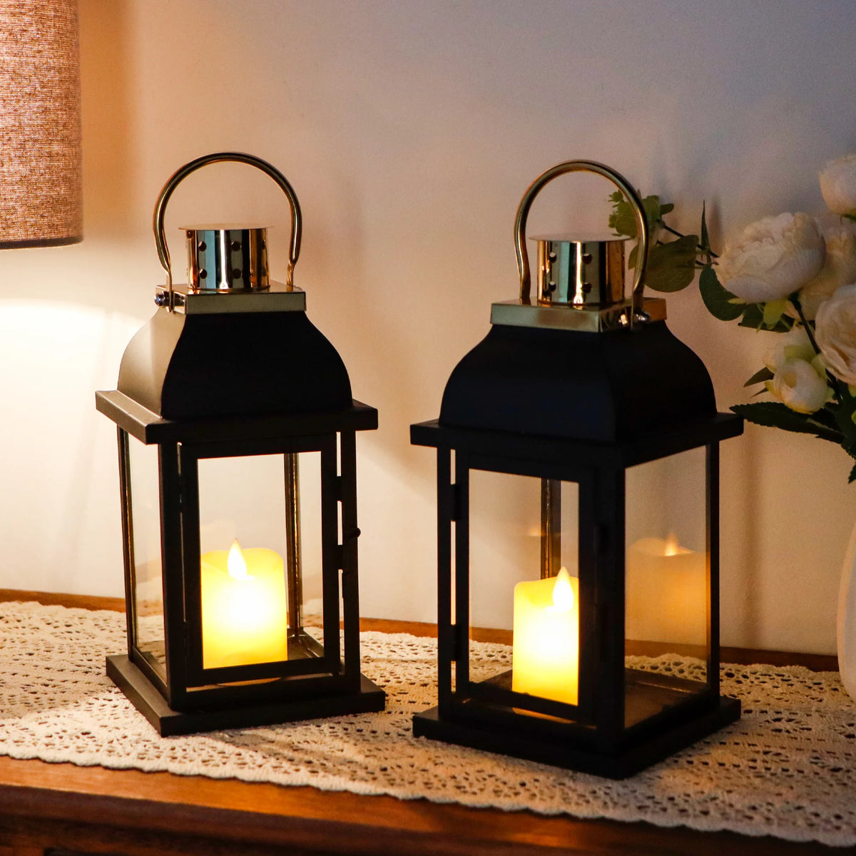 Set of 2 Decorative Candle Lantern 10'' High Black