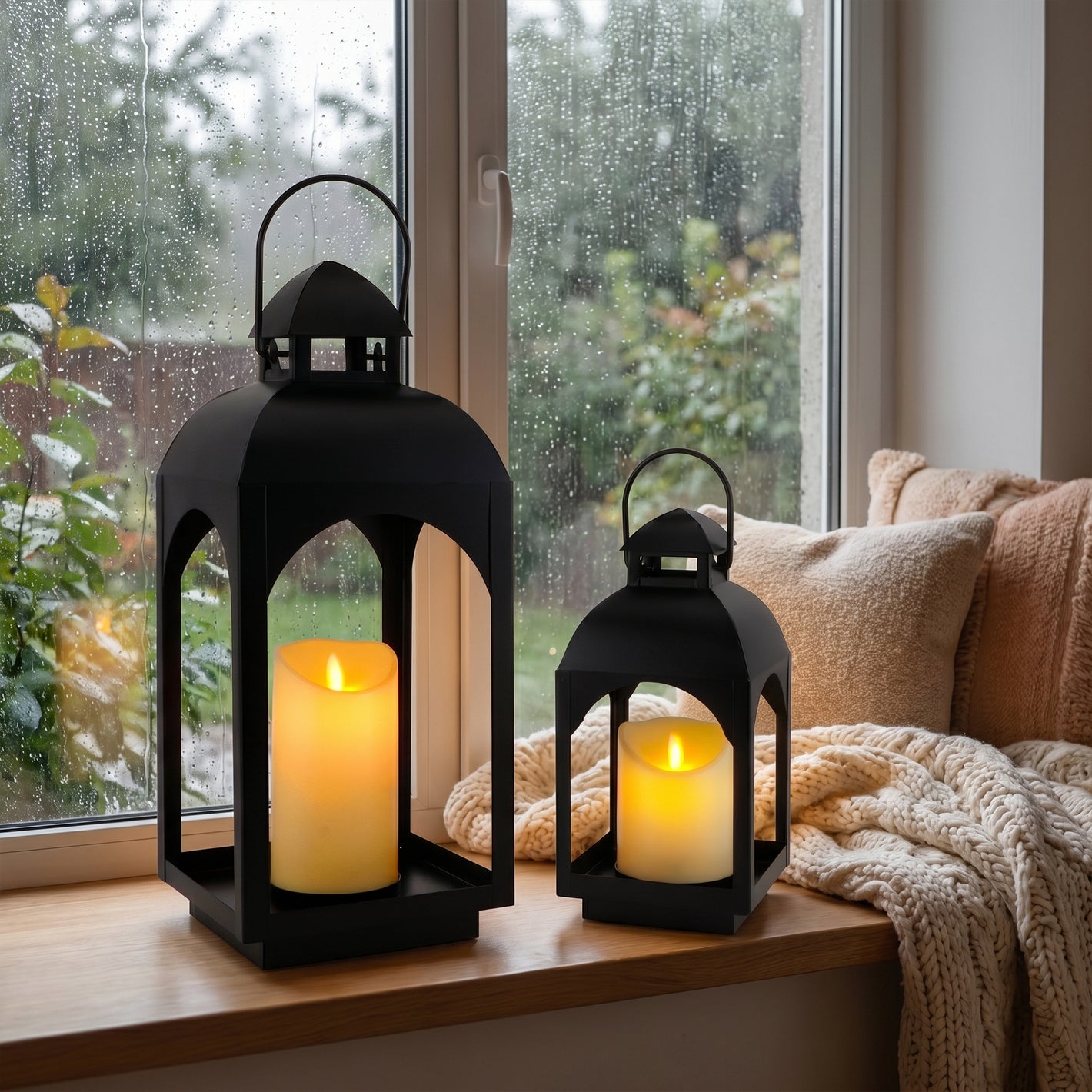18" & 11.5" High Hanging Candle Lanterns with LED Pillar Candles