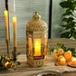 Moroccan Candle Lantern - 16'' Gold Hexagonal, Tempered Glass, Ramadan Decor for Indoor/Outdoor, Living Room, Parties & Events