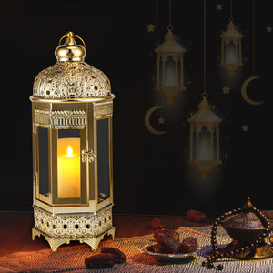 Moroccan Candle Lantern - 16'' Gold Hexagonal, Tempered Glass, Ramadan Decor for Indoor/Outdoor, Living Room, Parties & Events