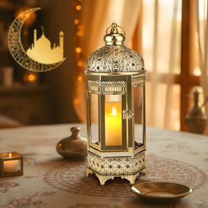 Moroccan Candle Lantern - 16'' Gold Hexagonal, Tempered Glass, Ramadan Decor for Indoor/Outdoor, Living Room, Parties & Events