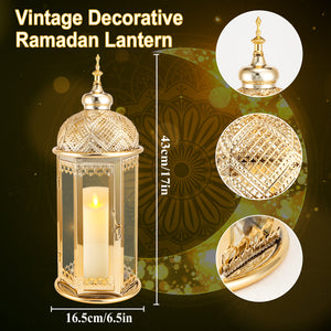 Moroccan Candle Lantern - 15'' Gold Hexagonal, Tempered Glass, Ramadan Decor for Indoor/Outdoor, Living Room, Parties & Events