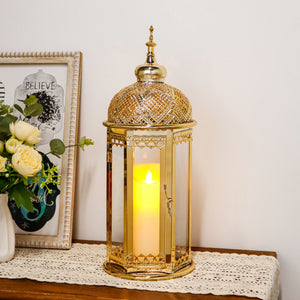 Moroccan Candle Lantern - 15'' Gold Hexagonal, Tempered Glass, Ramadan Decor for Indoor/Outdoor, Living Room, Parties & Events