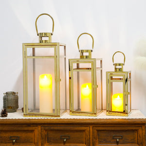 Bougeoir lanterne en métal en acier inoxydable de 19'', 15'' et 12'' H avec panneaux en verre transparent (lot de 3 dorés)