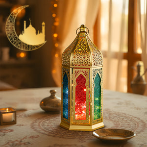 Moroccan Lantern – 12'' Gold Hexagonal, Tempered Glass & Hollow-Out Design, Indoor/Outdoor Decor for Ramadan, Garden, Weddings & Events