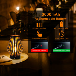 JHY DESIGN Set of 2 Dimmable Bedside Table Lamp 8.5''H Rechargeable Metal Cage Lantern with LED Edison Style Bulb Cordless Accent Lamp for Weddings Parties Patio Events for Indoors Outdoors