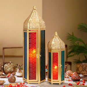 Set of 2 Decorative Ramadan Candle Lanterns - Metal, Tempered Glass, Hanging Tealight, Moroccan Style, Indoor/Outdoor Party Decor