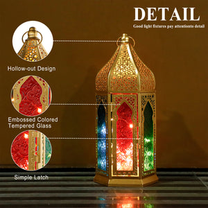 Moroccan Lantern – 12'' Gold Hexagonal, Tempered Glass & Hollow-Out Design, Indoor/Outdoor Decor for Ramadan, Garden, Weddings & Events