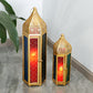 Set of 2 Decorative Ramadan Candle Lanterns - Metal, Tempered Glass, Hanging Tealight, Moroccan Style, Indoor/Outdoor Party Decor