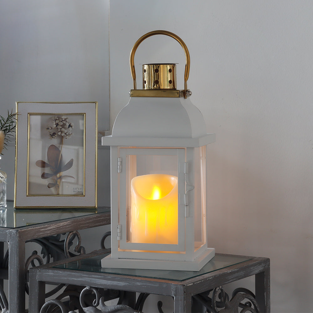 10"H White Candle Lantern Golden Top Design