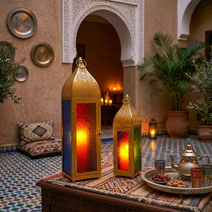 Moroccan Candle Lanterns with Embossed Colored Tempered Glass