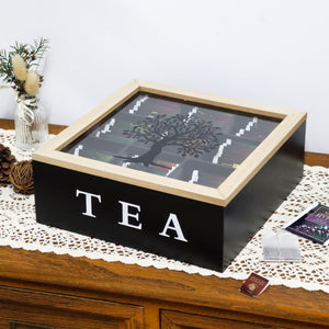 9"x9"x3.5"H Black 9 Palace Grids Tea Box