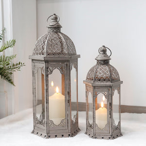 22"&17" H Outdoor Vintage Metal Candle Lanterns(Grey with Black Brush)