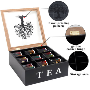 9"x9"x3.5"H Black 9 Palace Grids Tea Box