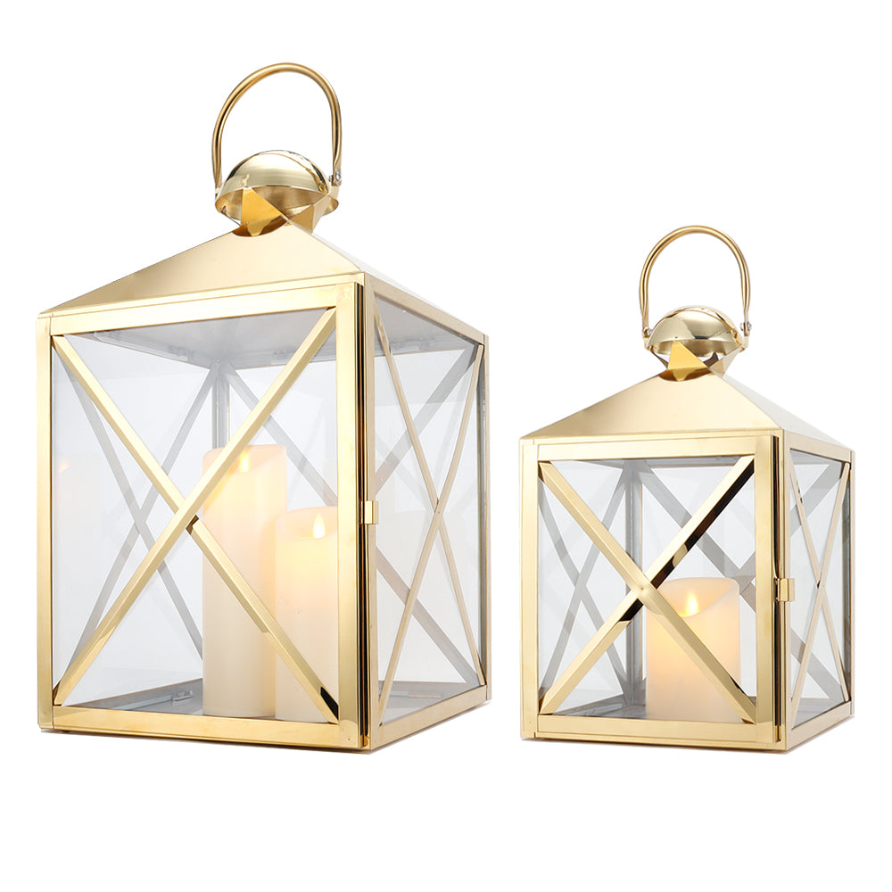 Set of 2 Gold Stainless Steel Candle Lanterns - 13/19'' High